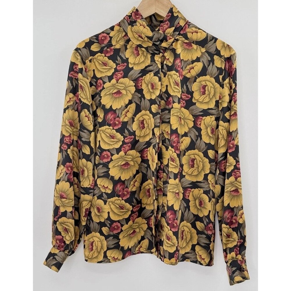 Notation Women’s Fall‎ Floral Button Neck Satin Blouse Sz 10  Boho Hippie Preppy